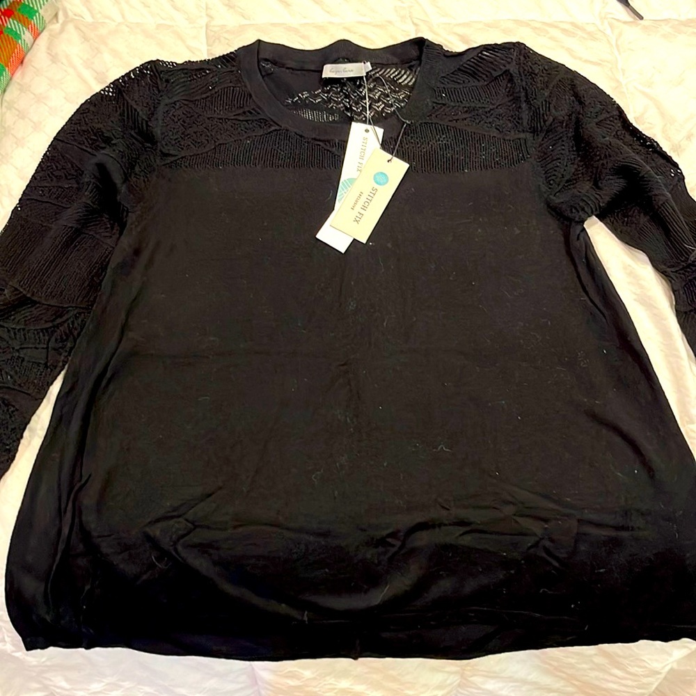 Harper Lane black sweater with pointelle lace sleeves and neck & shoulder large